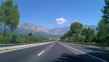 Fototapeta premium a long road leads to the mountains, with green trees on both sides and a blue sky in the background