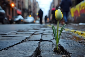 Obraz premium A macro shot of a flower sprouting from cracks in a neglected urban garden with blurred volunteers in gloves working