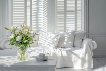 Naklejka premium white wooden shutters on the windows of the living room with a white sofa and coffee table, decorated in a modern style