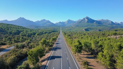 Obraz premium a long highway leading to the mountains, with green trees on both sides, a clear blue sky