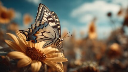 Obraz premium Closeup of a Butterfly on a Yellow Sunflower