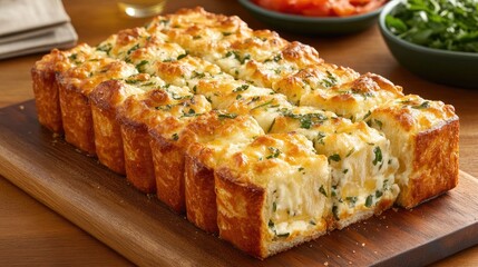 Cheese-stuffed pull-apart bread loaf with herbs and crisp outer crust, centered on rustic baking board