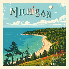 Vintage michigan poster: scenic coastline with lush forest and sandy beach under clear sky