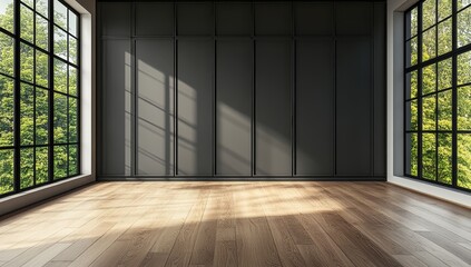 Fototapeta premium a photo of a large, dark grey wardrobe in the corner of an empty room with a wooden floor and black windows