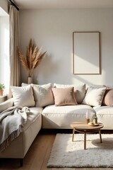 Cozy living room decorated with soft textures, plush cushions, and throws Neutral color palette creates a calming atmosphere Perfect for relaxation and comfort , home, elegant
