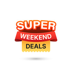 Super Weekend Deals Promo Label with Bold Text Ribbon and Ticket Design Element for E-commerce or Retail Special Offer on White Background