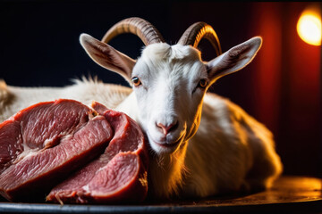 A goat lying down next to a piece of meat, great for agriculture or wildlife-related content