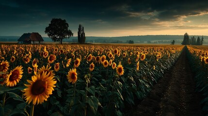 Sunset Sunflower Field with Rural Landscape, and Farm.