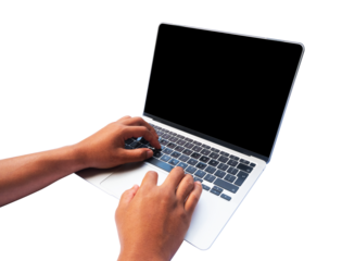 hand with laptop isolated on white