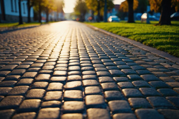 Fototapeta premium A classic cobblestone road surrounded by greenery in a peaceful park setting