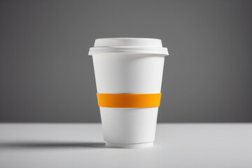 A simple white cup featuring a bright yellow band around its middle, suitable for use in food photography or as a decorative element