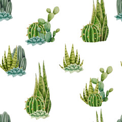 Watercolor seamless pattern of green cacti. White background. For design, backgrounds