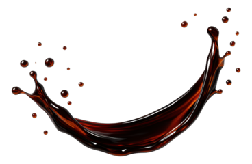 Dynamic splash of brown liquid creating a curving arc with scattered droplets on transparent background.
