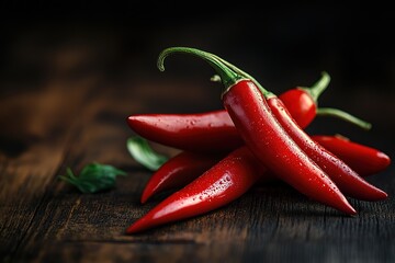 Red chili peppers on a wooden table, dark background, macro photography, minimalism, studio lighting, high-resolution photography, high detail.