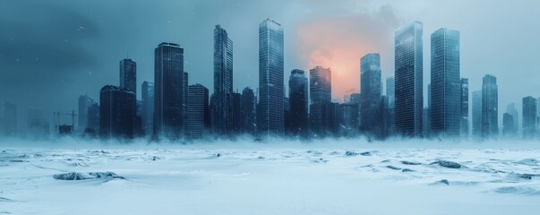 Fototapeta premium A modern city skyline stands amid a frozen, snowy landscape under a cold, misty sky at sunrise or sunset.