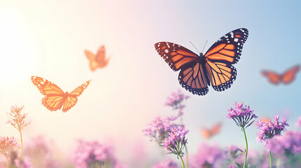 Monarch butterflies in flight over a field of vibrant purple flowers, bathed in soft sunlight. A serene and peaceful scene representing nature's beauty.