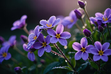 A close-up shot of purple flowers with water droplets glistening on their petals