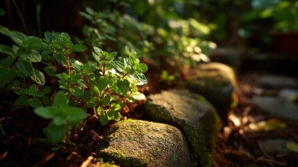 Lush Green Mint Plants in a Sunlit Garden