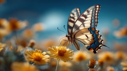 Obraz premium Yellow Butterfly on Yellow Flowers in Meadow