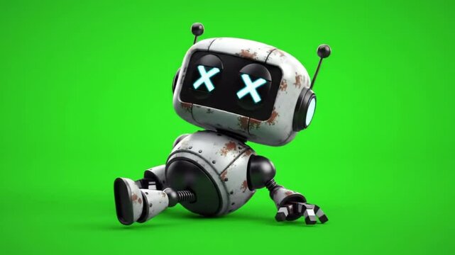 Cute rusty robot sitting green screen animation