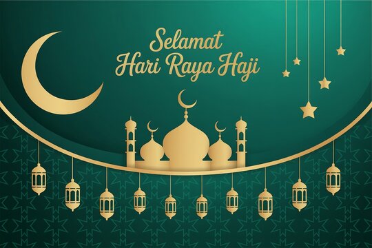 A hari raya haji illustration with mosque, moon, lanterns, stars, and green background