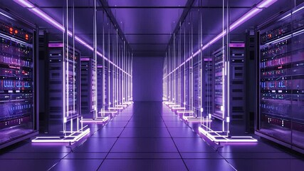 Empty interior corridor of a data center building with rows of server racks - Powered by Adobe