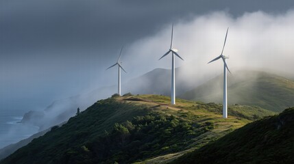 Wind turbines on green hills during dramatic sunset, sustainable energy concept