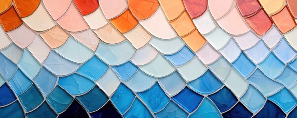 Colorful, overlapping scales in pastel shades create a striking mosaic pattern with a gradient from orange to blue tones.