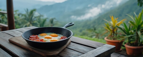 A skillet with eggs and tomatoes sits on a wooden table outdoors, overlooking lush green mountains and potted plants in a serene, misty setting.