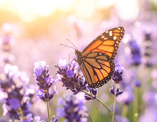 Vibrant Monarch Butterfly Perched on Blooming Lavender with Soft Sunlight