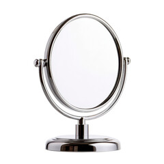 Elegant round mirror on a silver stand isolated against a transparent background..