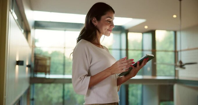 Smart home, system or woman with tablet for lights, innovation or control panel. Software app, house automation or female person with touchscreen technology for electronic appliances or modern remote