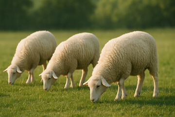 Fototapeta premium Group of Eid Sheep Grazing Near Islamic Garden and Mosque. Generative AI.