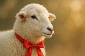 Obraz premium Sheep Close-Up with Red Ribbon Eid al-Adha Portrait. Generative AI.