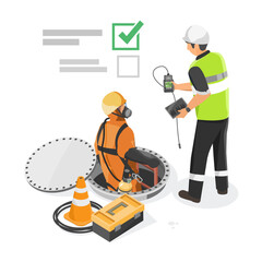 Permit to work process for confined space entry with safety officer inspecting gas levels and approving access for worker