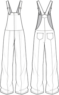 Denim Wide Leg Dungarees Jumpsuit Front and Back View. Fashion Flat Sketch Vector Illustration, CAD, Technical Drawing, Flat Drawing, Template, Mockup.