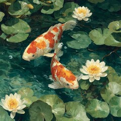 Two Koi Fish Swimming in a Pond with White Lotus Flowers