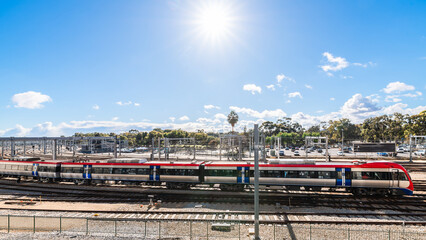 Electric passenger train arriving in Adelaide City centre