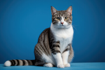 Obraz premium A grey and white cat sits comfortably on a blue surface, looking alert