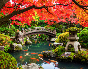Fototapeta premium Serene Japanese Garden in Autumn with Red Maple Tree Shedding Leaves onto Tranquil Pond