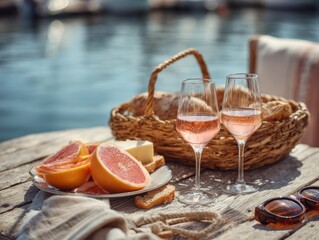 A serene outdoor scene with a wooden table holding two glasses of rosé wine, sliced oranges and grapefruit, a basket of bread and cheese, and sunglasses. A calm body of water in the background creates