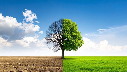 Obraz premium Half dead and alive tree outdoors, Environment change and ecology global warming concept