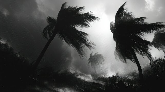silhouettes of wind-swayed palm trees in a hurricane