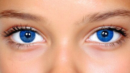 Close-up of a woman's face highlighting her bright blue eyes and natural eyebrows