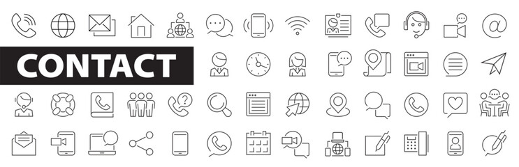 Contact icon set. Contact us icons. E-mail, phone, address, customer service, call, website, fax, clock, support and more. Editable stroke. Vector illustration