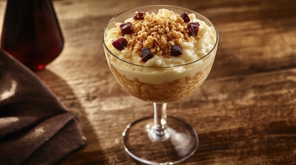 Chilled rice pudding with diced fruit and crunchy topping, served in a clear coupe glass on wood