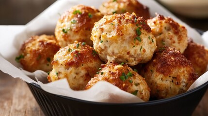 Fototapeta premium Delicious golden brown herb-infused chicken meatballs in a bowl