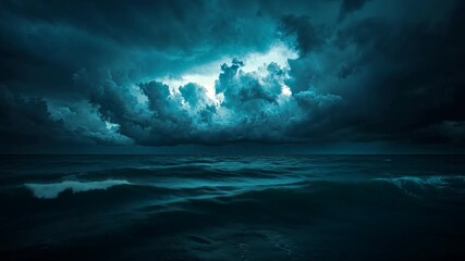 Dramatic Ocean Under Stormy Dark Teal Sky With Turbulent Water Waves - Powered by Adobe