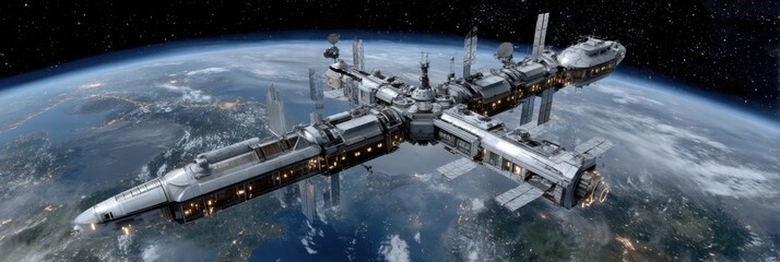 Futuristic space station orbiting earth with stunning outer space view