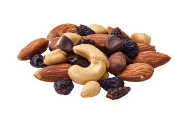Closeup of a nutritious trail mix with almonds, cashews, raisins, and chocolate drops on a transparent background vector Concept of healthy snack, energy boost, and balanced diet
